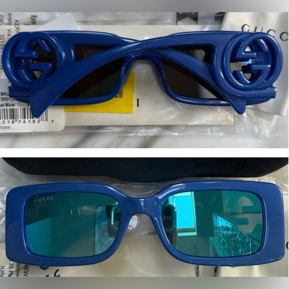 GUCCI SUNGLASSES STRIKING BLUE RECTANGULAR SUNGLASSES WITH BLUE MIRROR LENSES - Picture 5 of 16